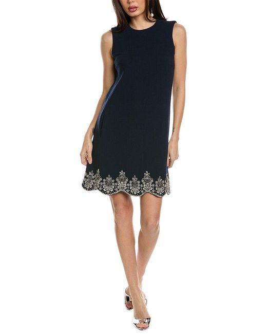 Oscar de la Renta Blue Sleeveless Crystal Scallop Embellished Silk-Lined Wool-Blend Shift Dress