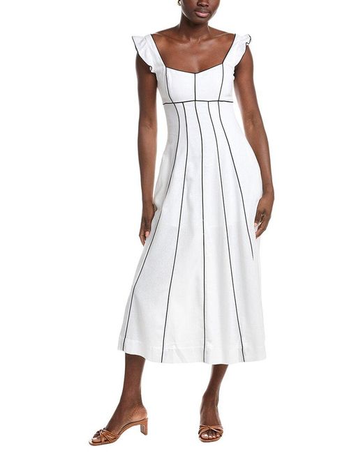 Ellen Tracy White Contrast Piping Linen-Blend Midi Dress