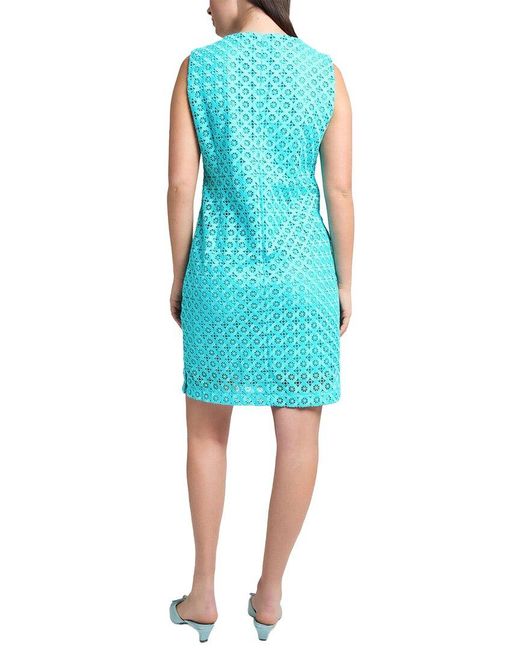 Ming Wang Blue Geometric Lace Cutout Woven Sheath Dress