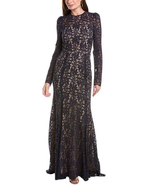 Oscar de la Renta Blue Gardenia Lace Open Back Silk-Lined Gown
