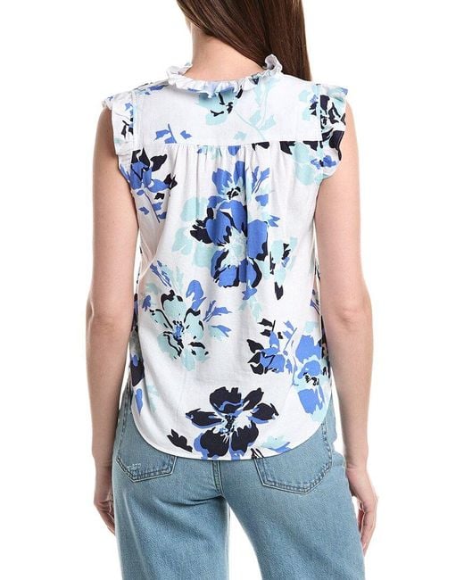 Ellen Tracy Blue Ruffle Linen-Blend Top