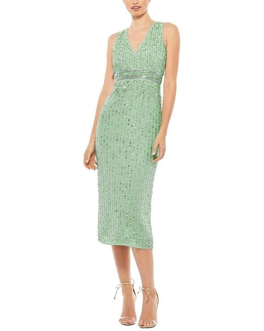 Mac Duggal Green Sequined Sleeveless V-Neck Midi Sheath Dress