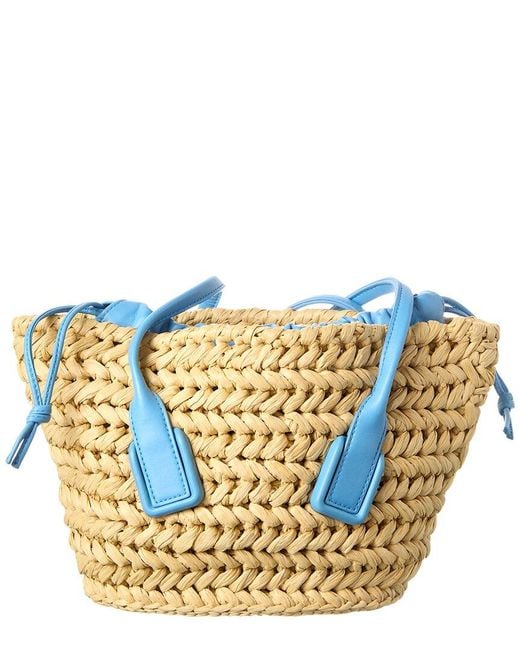 Bottega Veneta Blue Arco Small Straw & Leather Basket Tote
