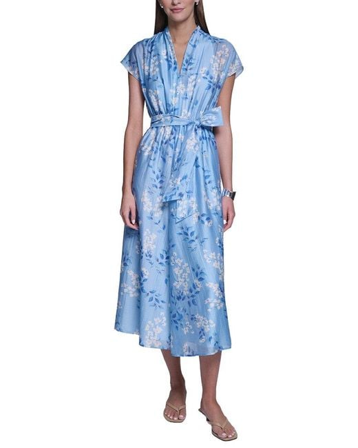 Halston Heritage Blue Butterfly Sleeve Linen-Blend Midi Dress
