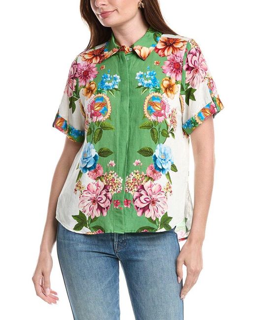 Tahari Green Button Down Linen-Blend Blouse