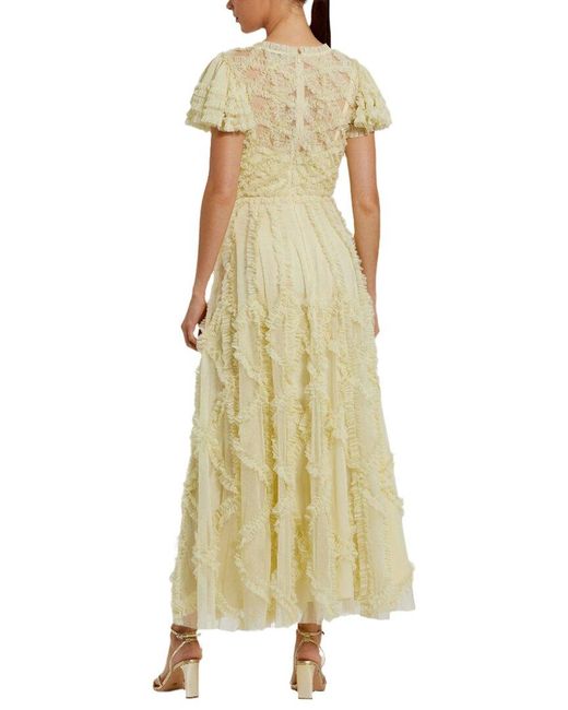 Mac Duggal Yellow Flutter Sleeve Mesh Micro Ruffle Maxi Dress