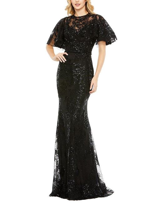 Mac Duggal Black Embellished Flutter Sleeve High Neck Gown