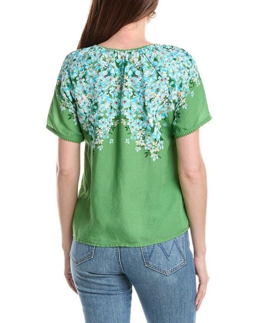 Tahari Green V-Neck Linen-Blend Blouse