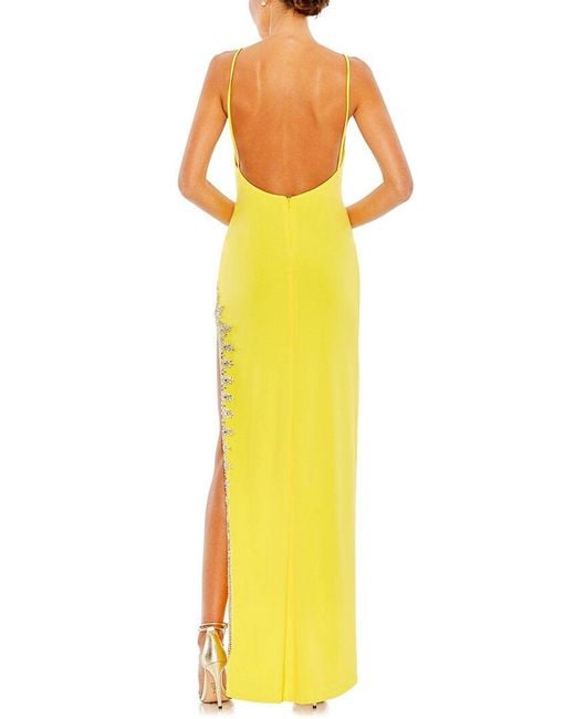 Mac Duggal Yellow Rhinestone Encrusted Side Slit Cami Bodycon Gown