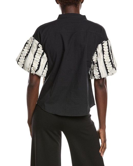 Gracia Black Embroidered Band V-Neck Puffed Sleeve Top