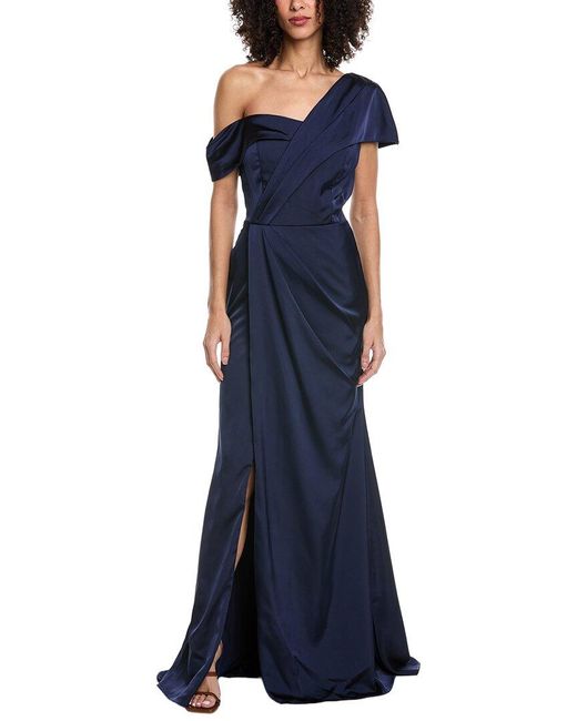 Rene Ruiz Blue Asymmetric Off-Shoulder Crepe Gown