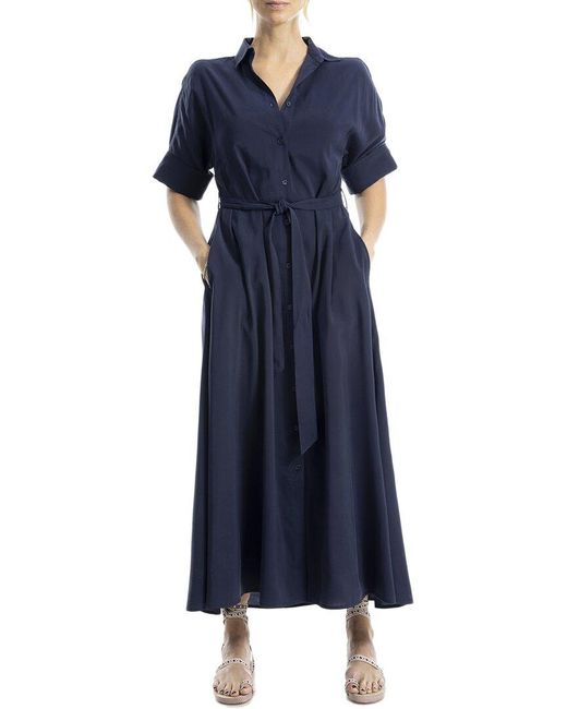 Max Studio Blue Large Roll Sleeve Button-Front Belted Dress