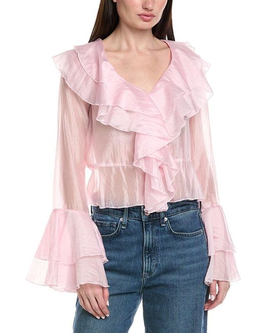 HL Affair Pink Bell-Sleeve Ruffle Blouse