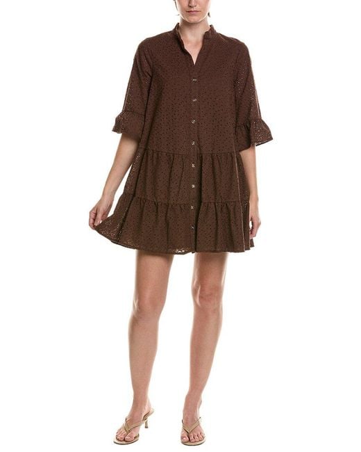 Anne Klein Brown Petite Stand Collar Tiered Shirtdress