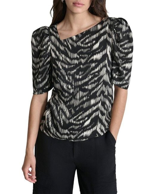 DKNY Black Asymmetrical Short Sleeve Top