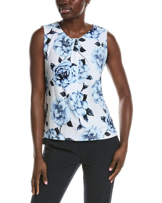 Anne Klein Blue Asymmetrical Pleat Neck Shell