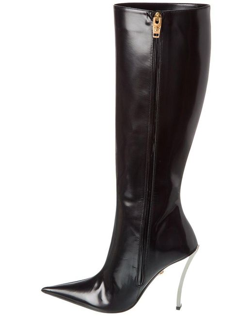 Versace Black Pin-Point Leather Knee-High Boot