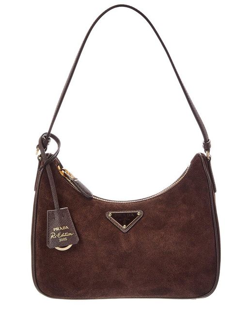 Prada Brown Logo Mini Suede Hobo Bag