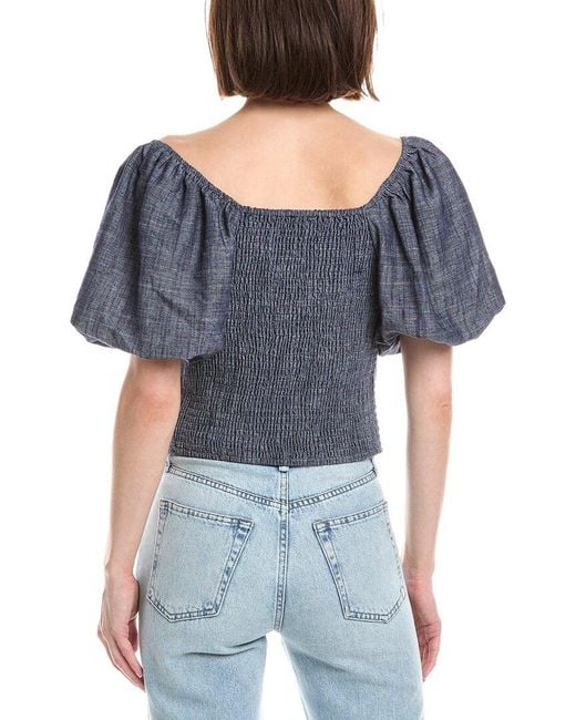 NVLT Blue Embroidered Balloon Sleeve Linen-Blend Top