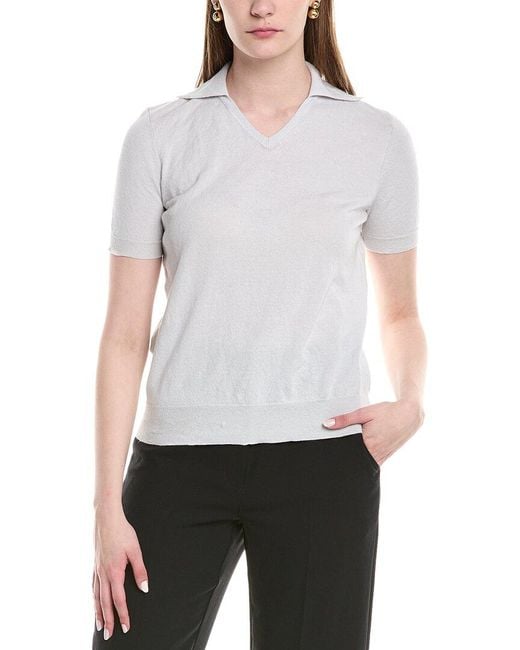 Lafayette 148 New York White V-neck Cashmere & Silk-blend Polo Sweater