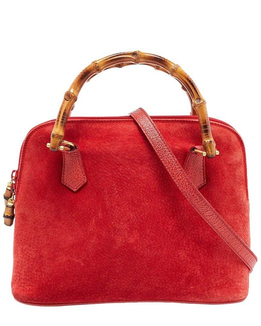Gucci Red Leather & Suede Bamboo Handle Satchel (Authentic Pre-Owned)