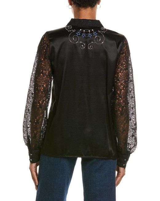 Johnny Was Black Vanti Embroidered Lace Silk-Blend Shirt