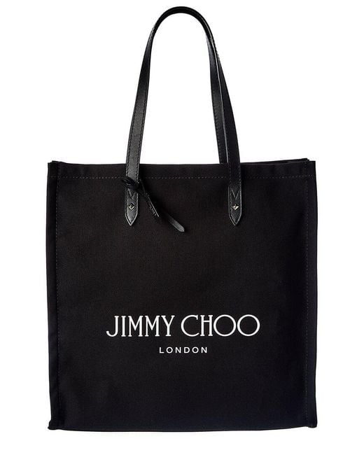 Jimmy Choo Logo Canvas & Leather Tote in Black/Black (Black) | Lyst ...