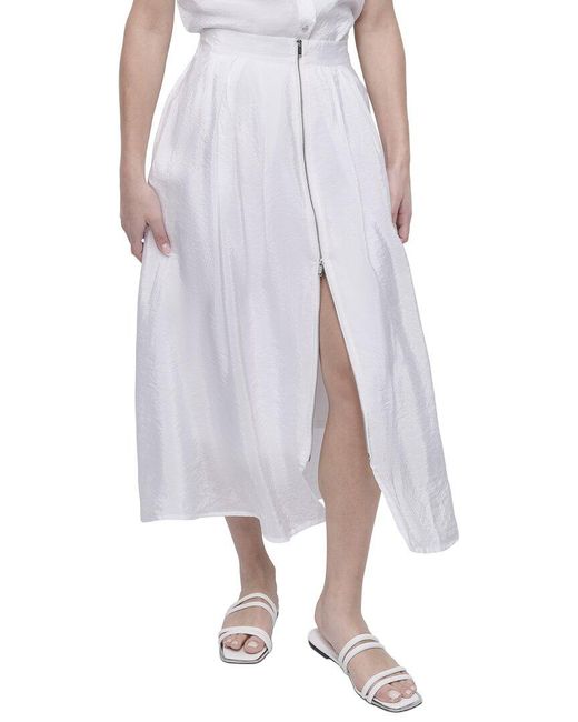 DKNY White Tech Poplin Zip Front Skirt