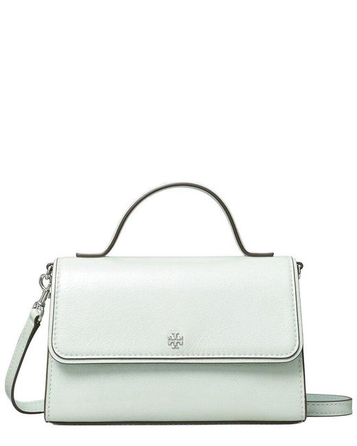 Tory Burch Green Emerson Shiny Textured Mini Top Handle Leather Crossbody