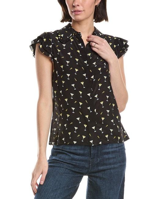 Alice + Olivia Black Martel Flutter Sleeve Silk Blouse