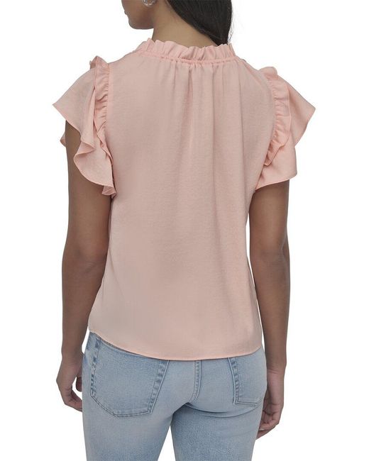 DKNY Blue Ruffle Neck Top