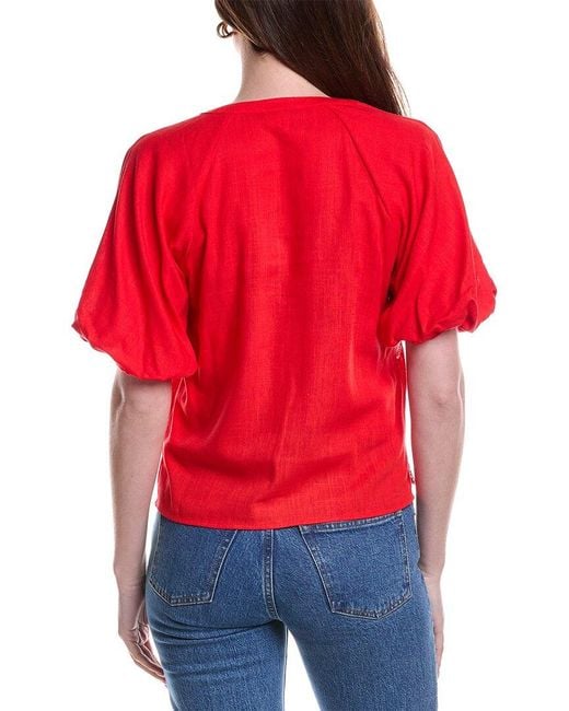 Vince Camuto Red Contrast Split Neck Linen-Blend Blouse