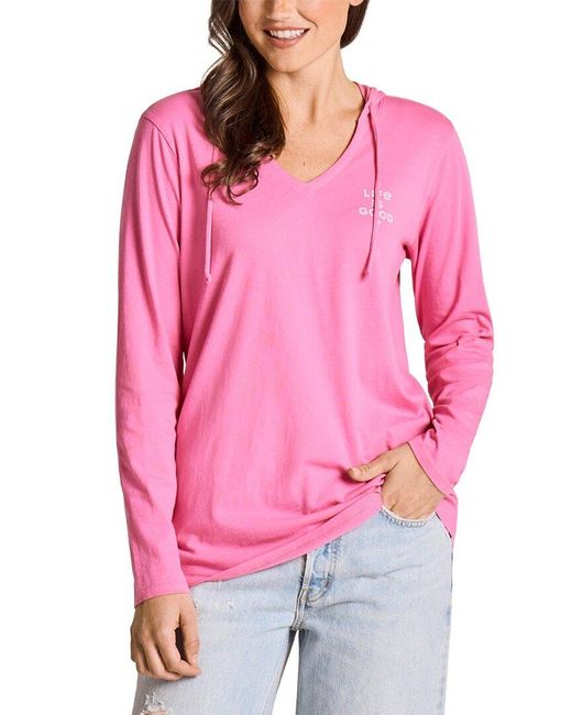 Life Is Good. Pink Long Sleeve Hooded Crusher Lite Shirt