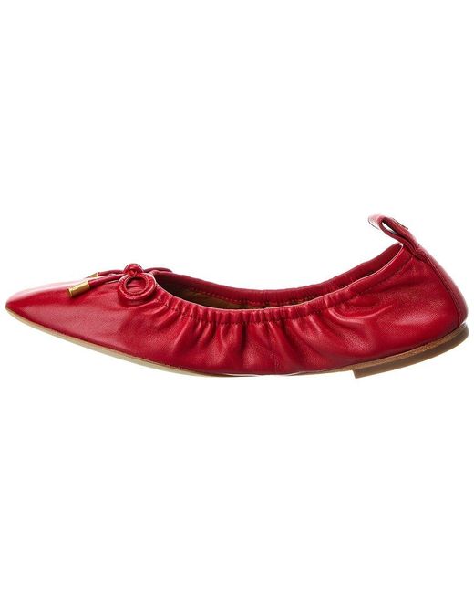 Tory Burch Red Square Toe Bow Leather Ballet Flat