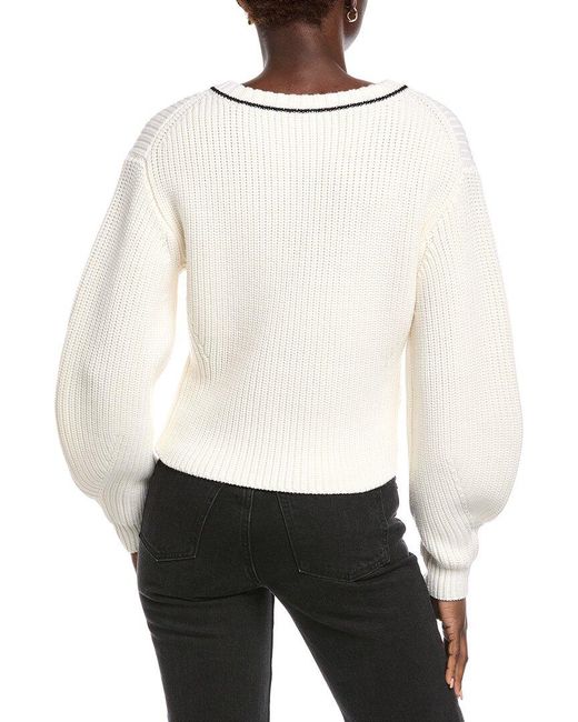 Rebecca Taylor White Novelty Wool Victorian Sleeve V-neck Sweater