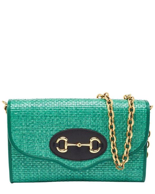 Gucci Green Leather & Straw Horsebit 1955 Chain Shoulder Bag (Authentic Pre- Owned)