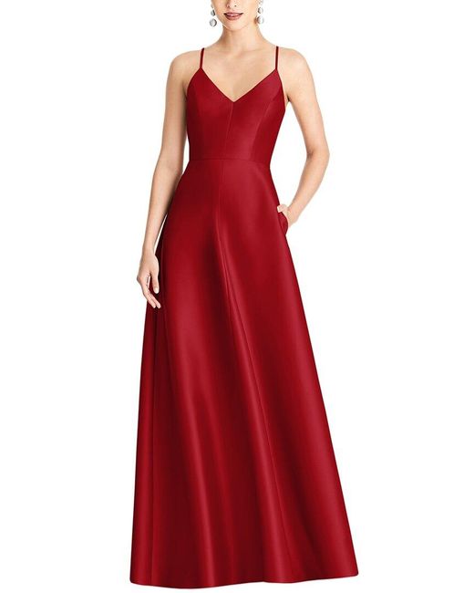 Alfred Sung Red V-neck Full Skirt Satin Maxi Dress