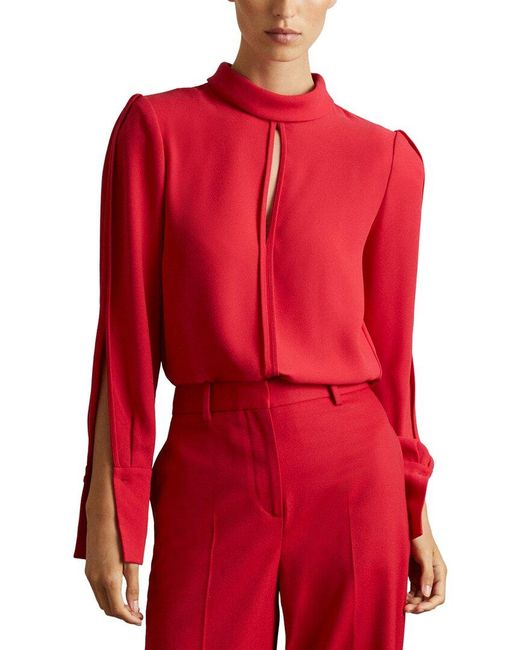 Reiss Red Cherry Long Sleeve Shoulder Top