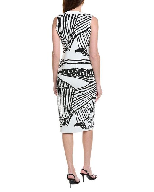 Gracia White Abstract Pattern Racer Neck Fitted Knit Midi Dress