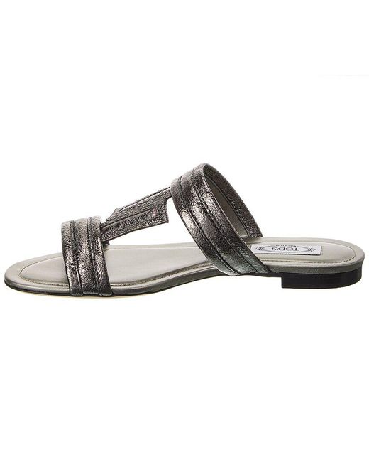 Tod's Gray Double T Strap Leather Sandal