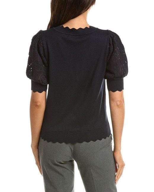 Tahari Black Elbow Crochet Scallop Edge Top