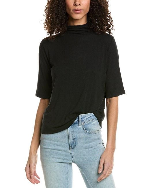 Vince Black Relaxed Elbow-sleeve Mock Neck Top
