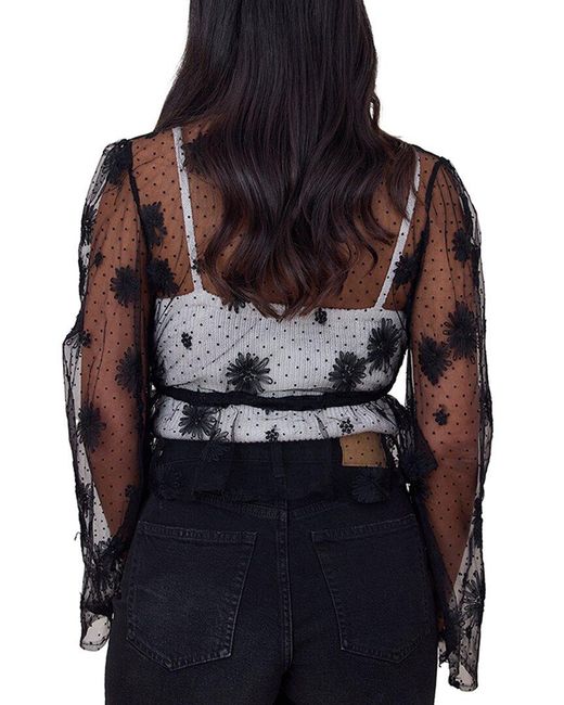 Saachi Black Floral Mesh Tie Top