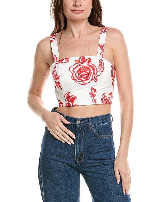 MILLY Blue Rose Embroidery Square Neck Top