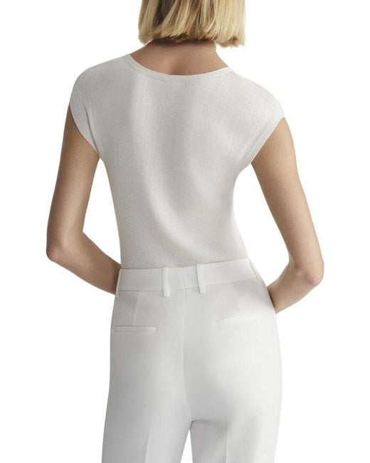 Lafayette 148 New York White Ribbed Wide Crewneck Silk-Blend Pullover