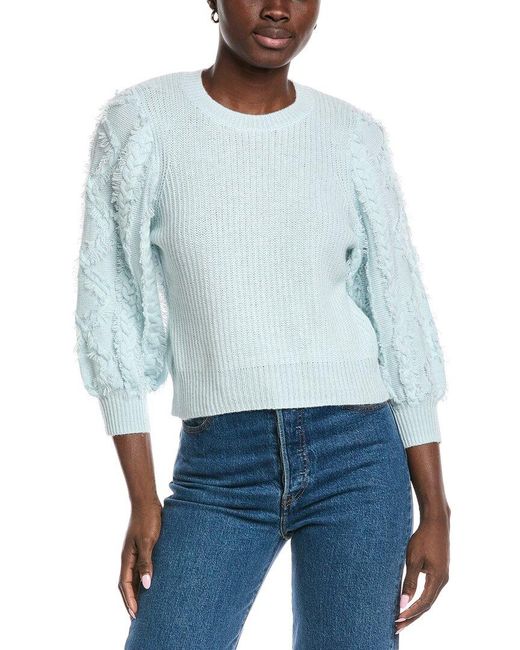 Autumn Cashmere Blue Fringed Cable Puff Sleeve Cashmere Sweater