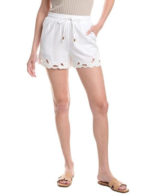 Ellen Tracy White Embroidered Linen-Blend Short