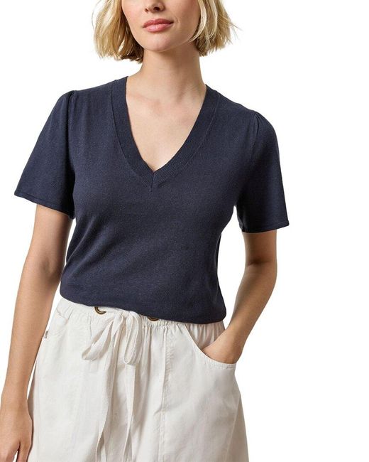 Lilla P Blue V-Neck Linen-Blend Sweater