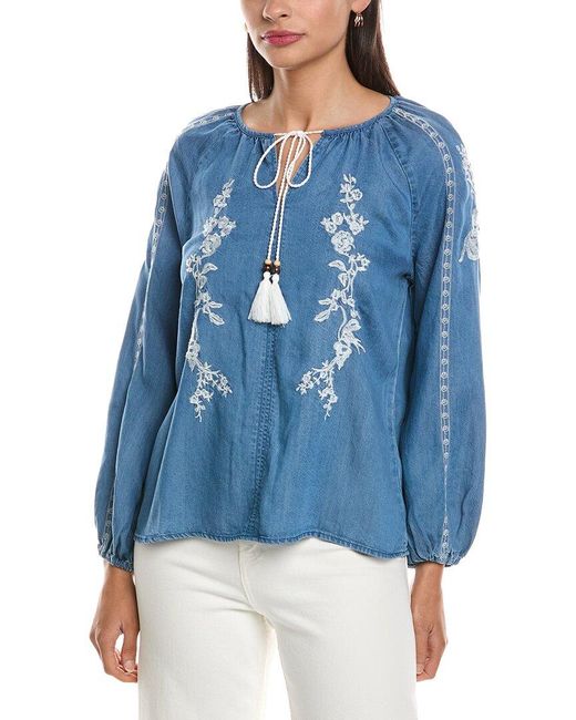 Nanette Lepore Blue Embroidered Tie Neck Blouse