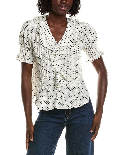 Tahari White Short Gathered Sleeve Ruffle Top